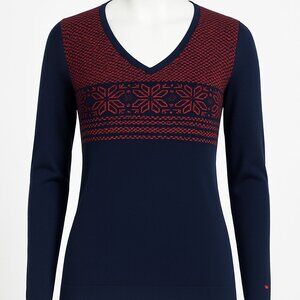 Tommy Hilfiger Women’s Sweater Size L Navy Blue Red Knit V-Neck Pullover